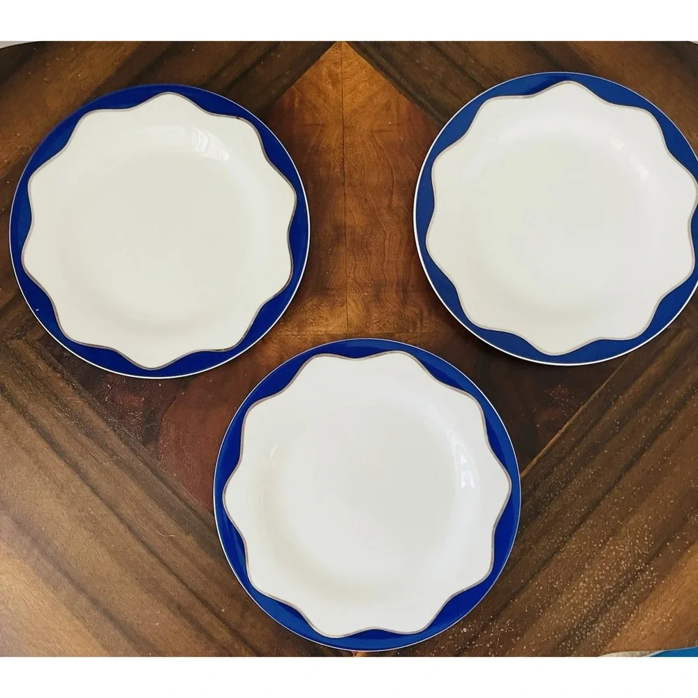 POTTERY BARN Hanukkah Salad Plates Set )3)  Blue White Scalloped Silver Rim 8.5
